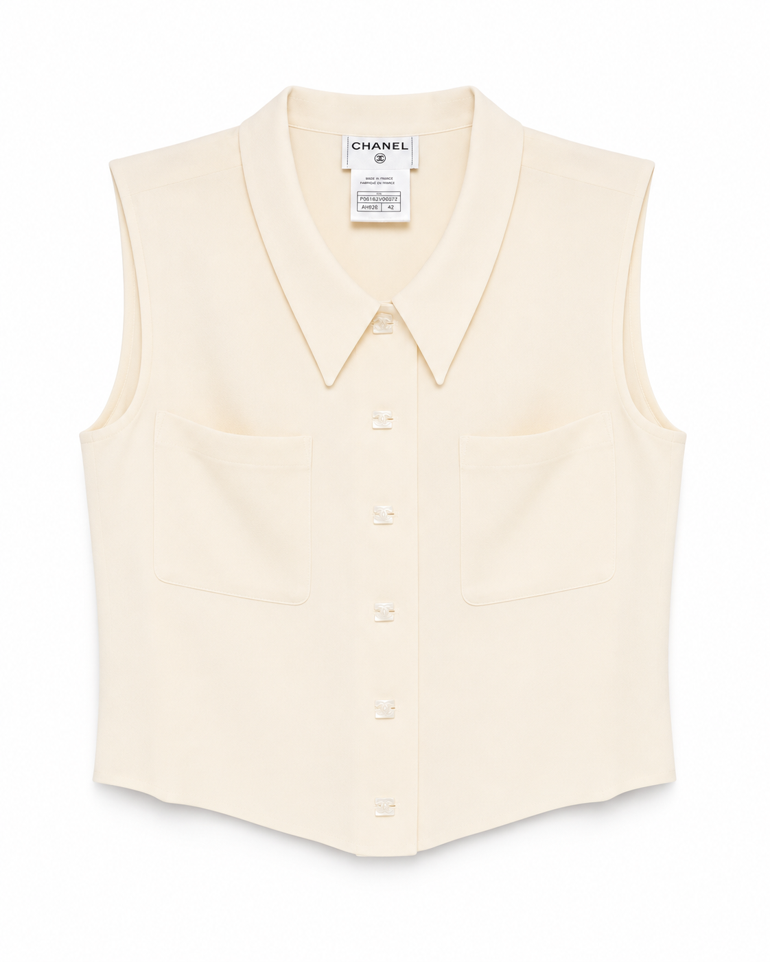 Chanel cropped collared sleeveless vest, stylish tops with button-up front and tailored fit, ideal for layered fashion looks.