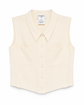 Chanel cropped collared sleeveless vest, stylish tops with button-up front and tailored fit, ideal for layered fashion looks.