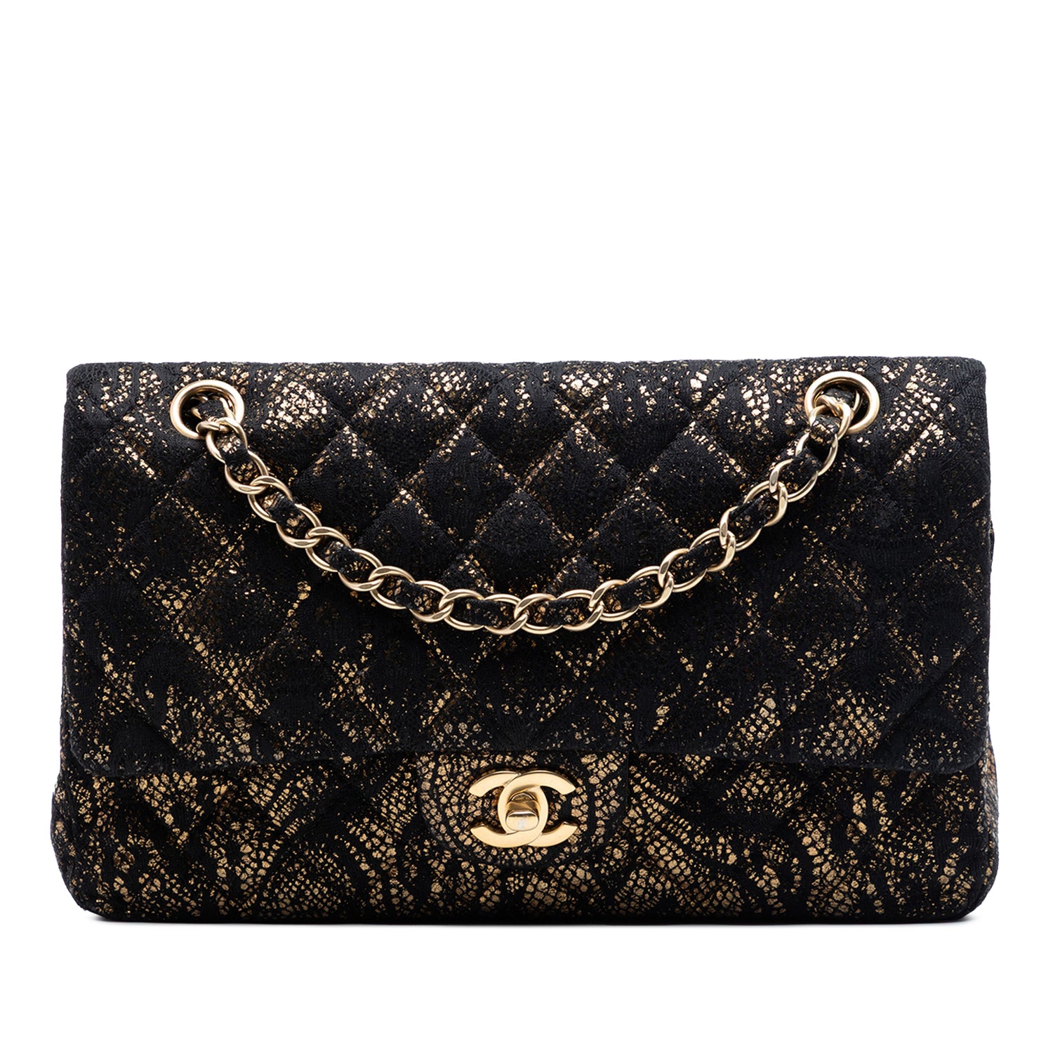 Authentic Chanel Medium Classic Double Flap Bag Black Chevre Leather Lace Gold Hardware