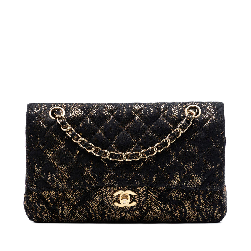 Chanel medium quilted chevre leather shoulder bag with lace detailing, gold hardware, classic double flap design in black.