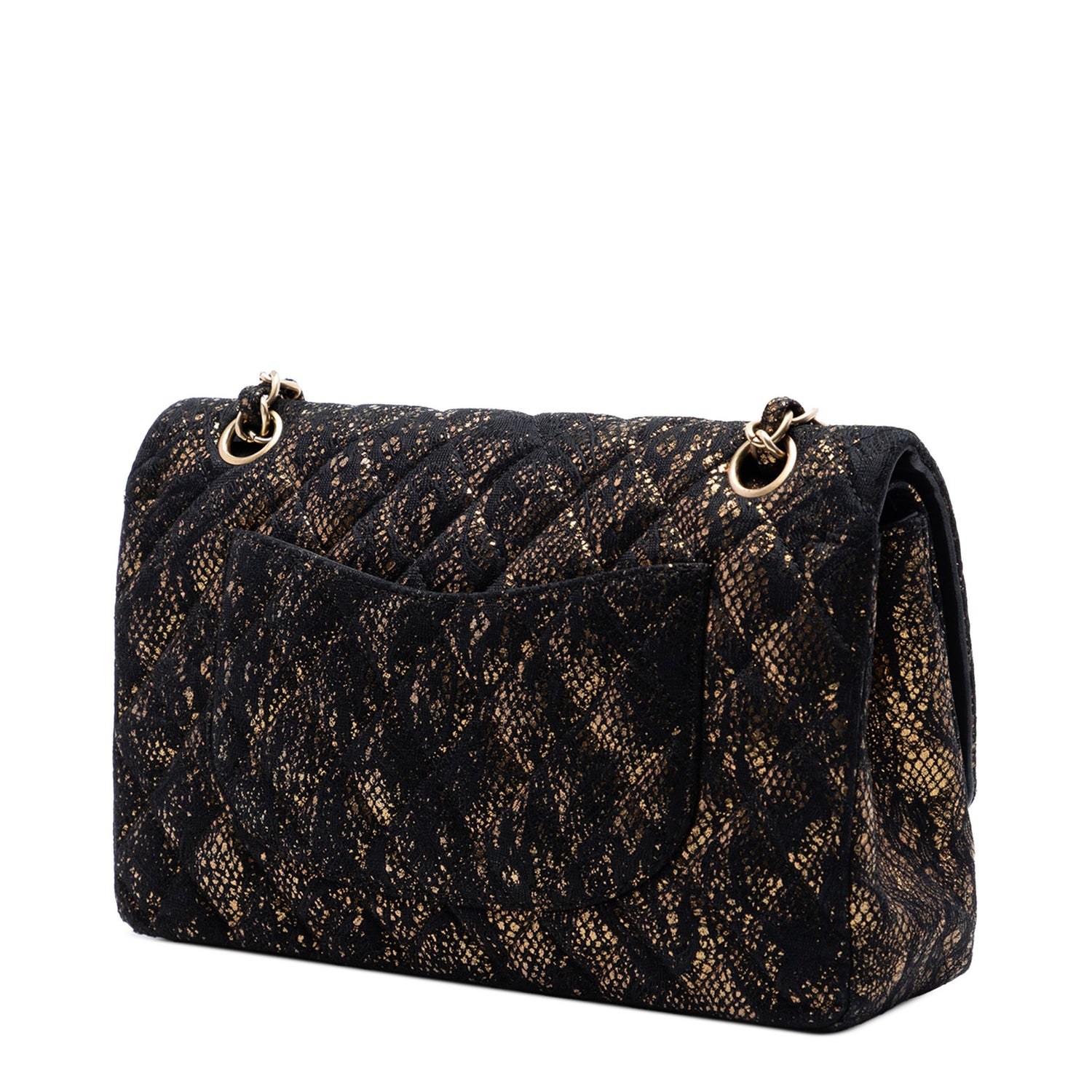 Chanel medium quilted chevre leather shoulder bag with lace detailing, gold hardware, classic double flap design in black.
