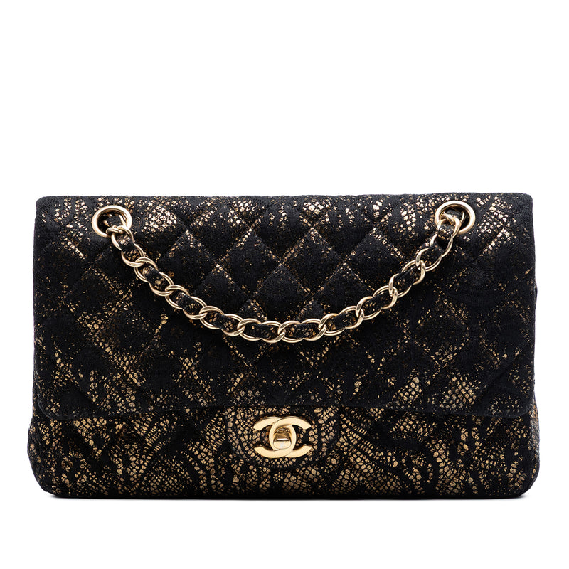 Authentic Chanel Medium Classic Double Flap Bag Black Chevre Leather Lace Gold Hardware