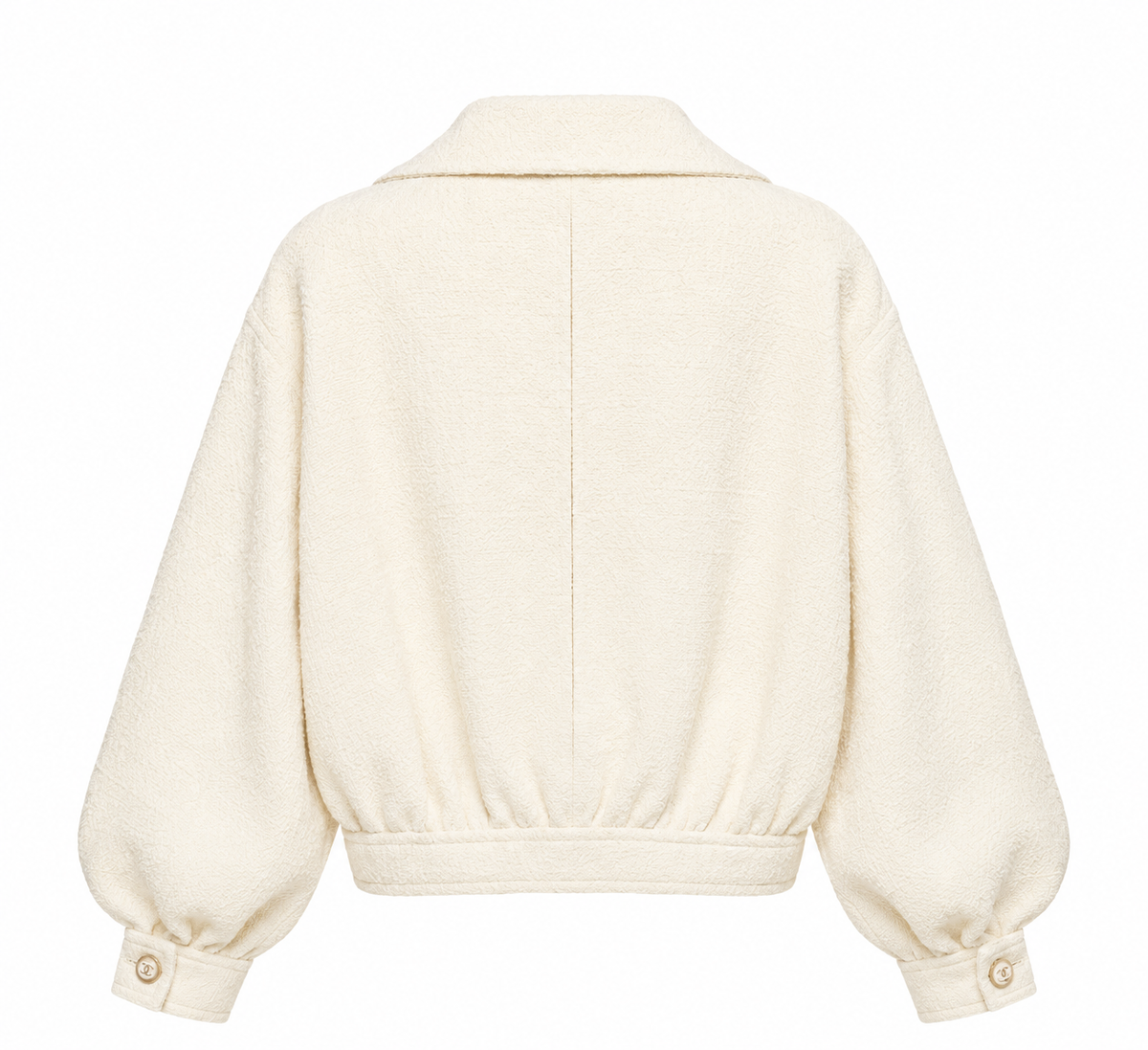 Beige Chanel cream tweed front zip blazer jacket, stylish with classic tailored fit and textured fabric.