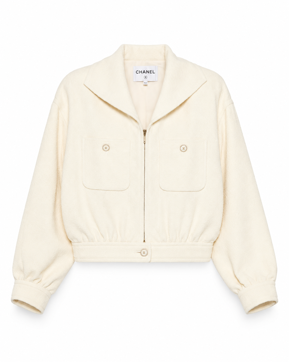Beige Chanel cream tweed front zip blazer jacket with tailored fit and classic collar, stylish for sophisticated look.