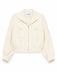 Beige Chanel cream tweed front zip blazer jacket with tailored fit and classic collar, stylish for sophisticated look.