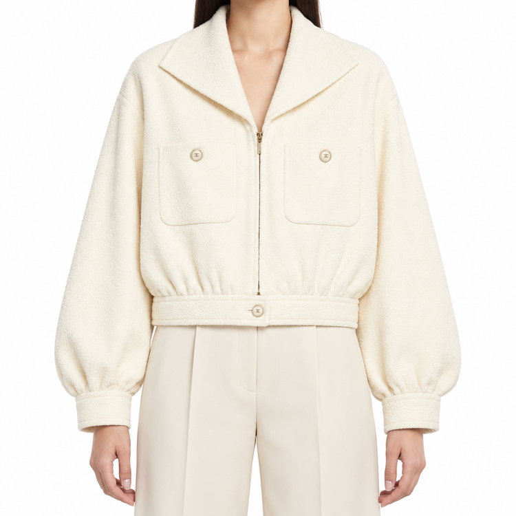 Beige Chanel cream tweed front zip blazer jacket, stylish women&