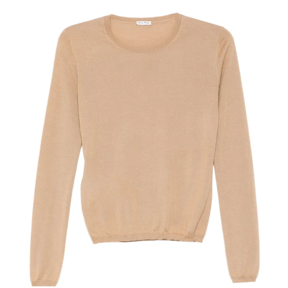 Beige Prada crew neck knit sweater, cozy tops with ribbed collar and cuffs, soft wool blend for stylish comfort