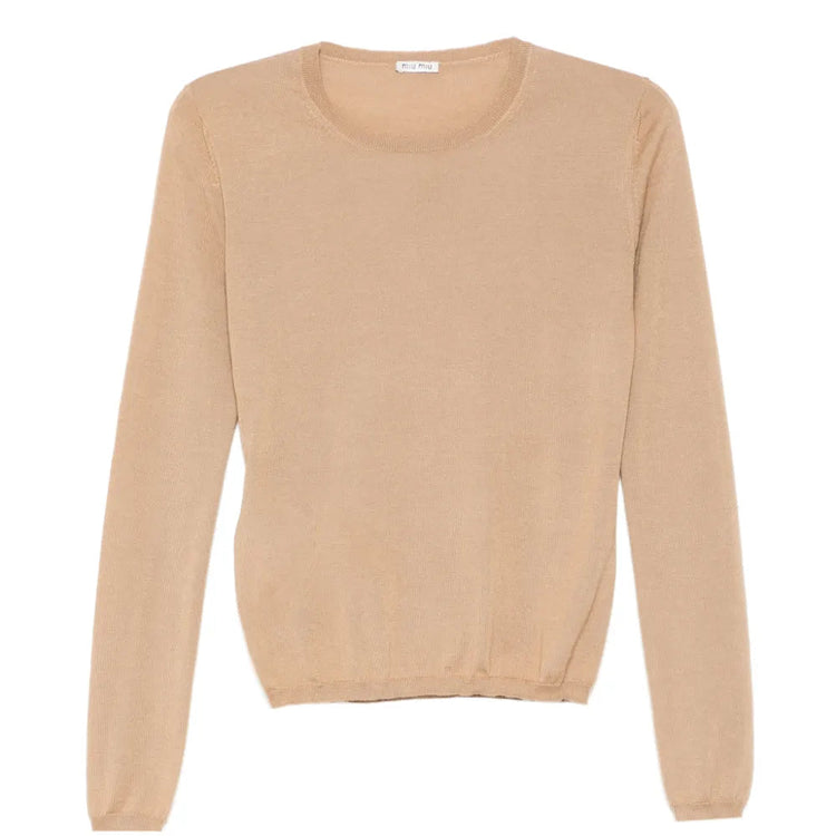 Beige Prada crew neck knit sweater, cozy tops with ribbed collar and cuffs, soft wool blend for stylish comfort