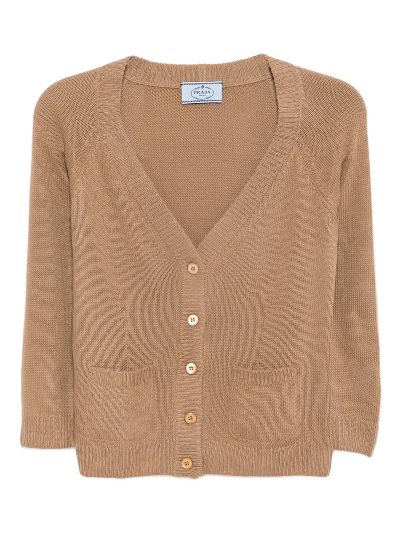 Beige Prada cropped knit cardigan, stylish tops with a fitted design and textured knit fabric, perfect for casual or chic outfits.