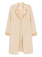 Beige wool bouclé Chanel coat with golden lamé accents, stylish and luxurious, shown on a hanger.