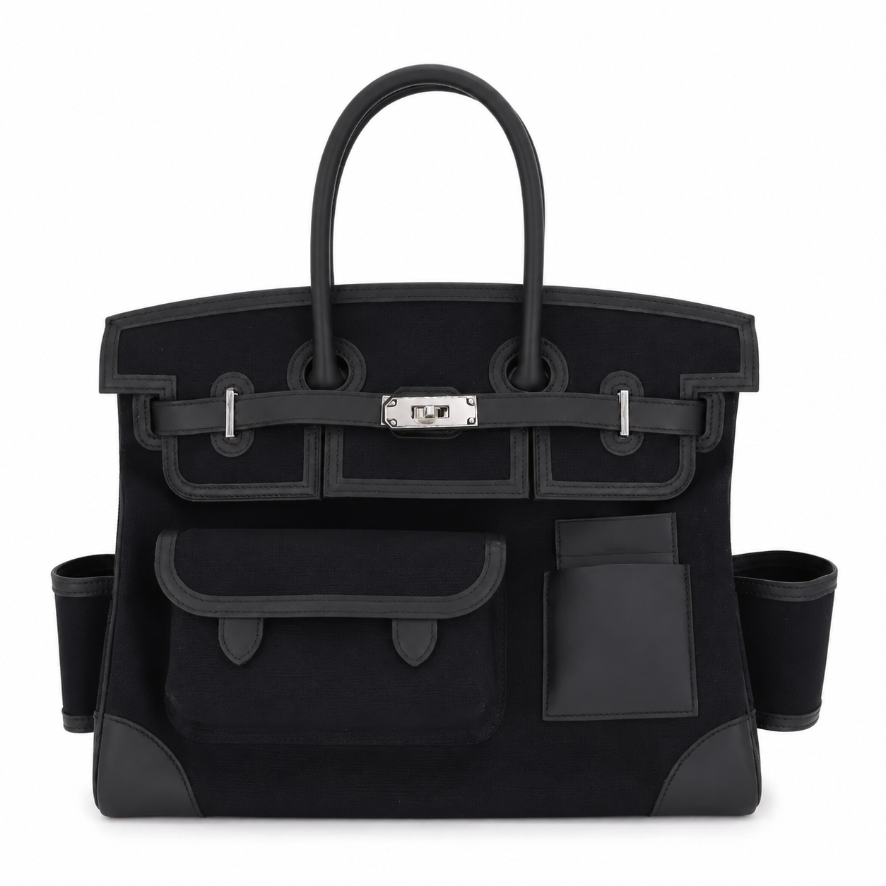 Hermès Birkin 35 Cargo Noir toile and Swift leather top handle bag with gold hardware, showcasing its elegant design.
