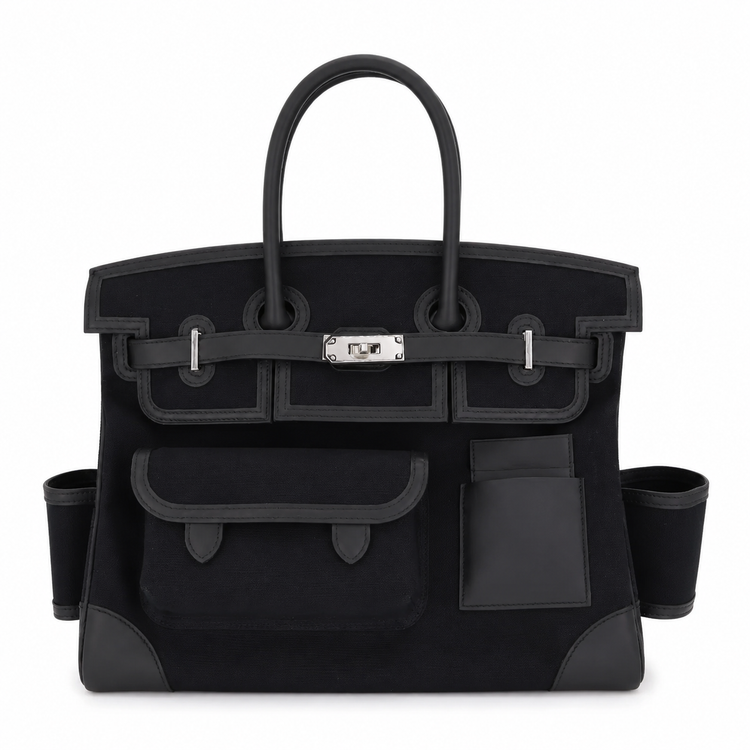 Hermès Birkin 35 Cargo Noir toile and Swift leather top handle bag with gold hardware, showcasing its elegant design.
