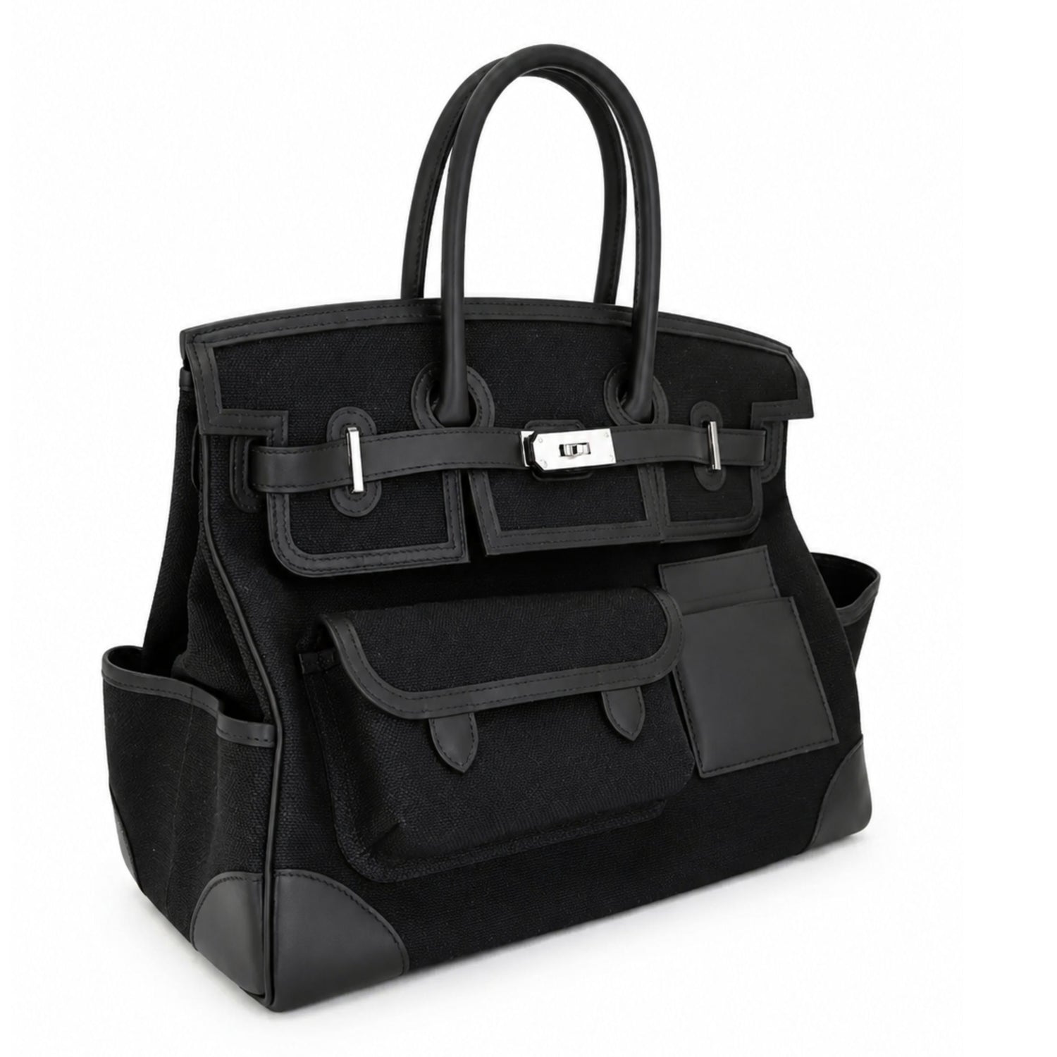 Hermès Birkin 35 Cargo Noir Toile Goéland and Swift PHW top handle bag with structured design and black leather accents.
