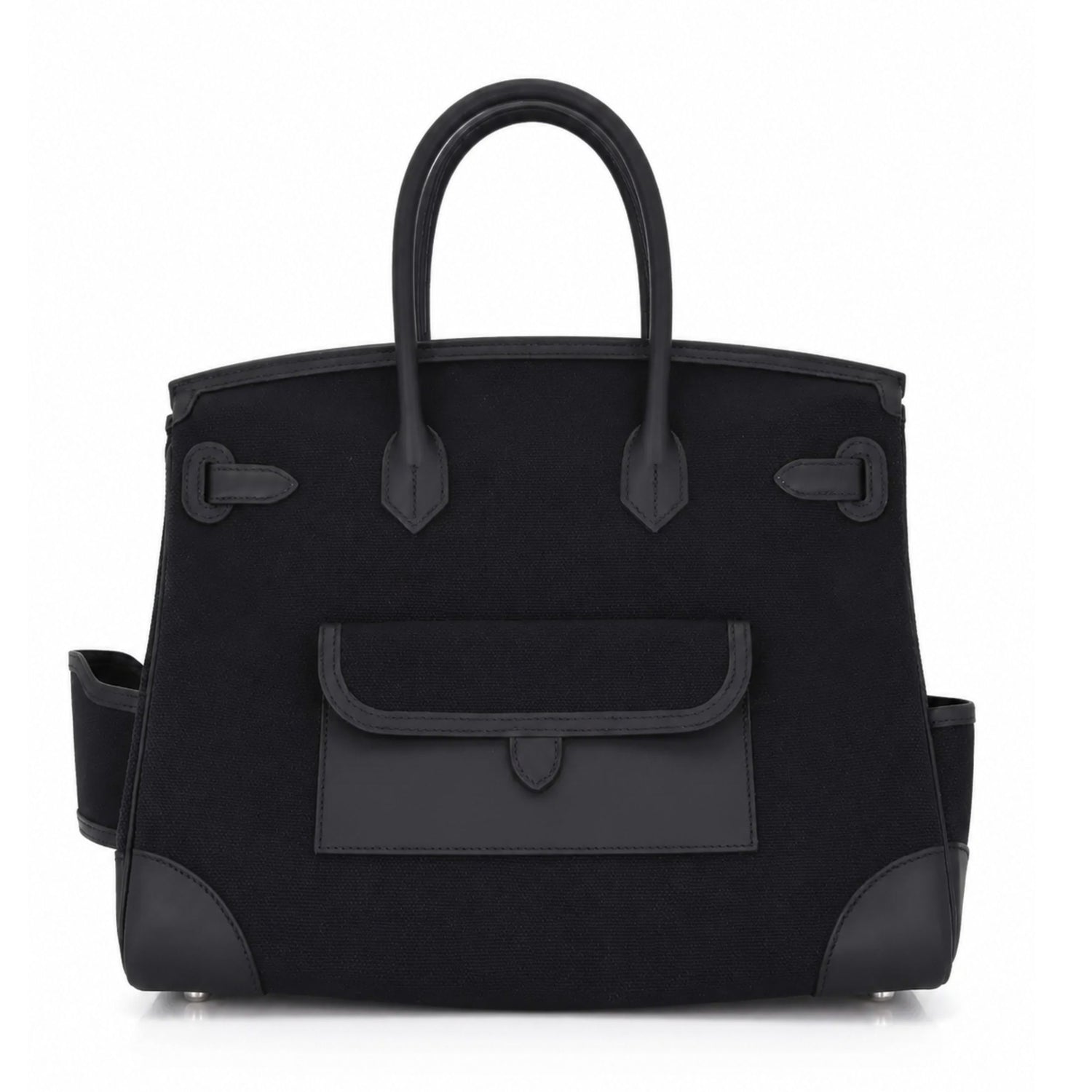 Hermès Birkin 35 Cargo Noir top handle bag in toile goéland and swift PHW leather, featuring structured design and gold hardware.
