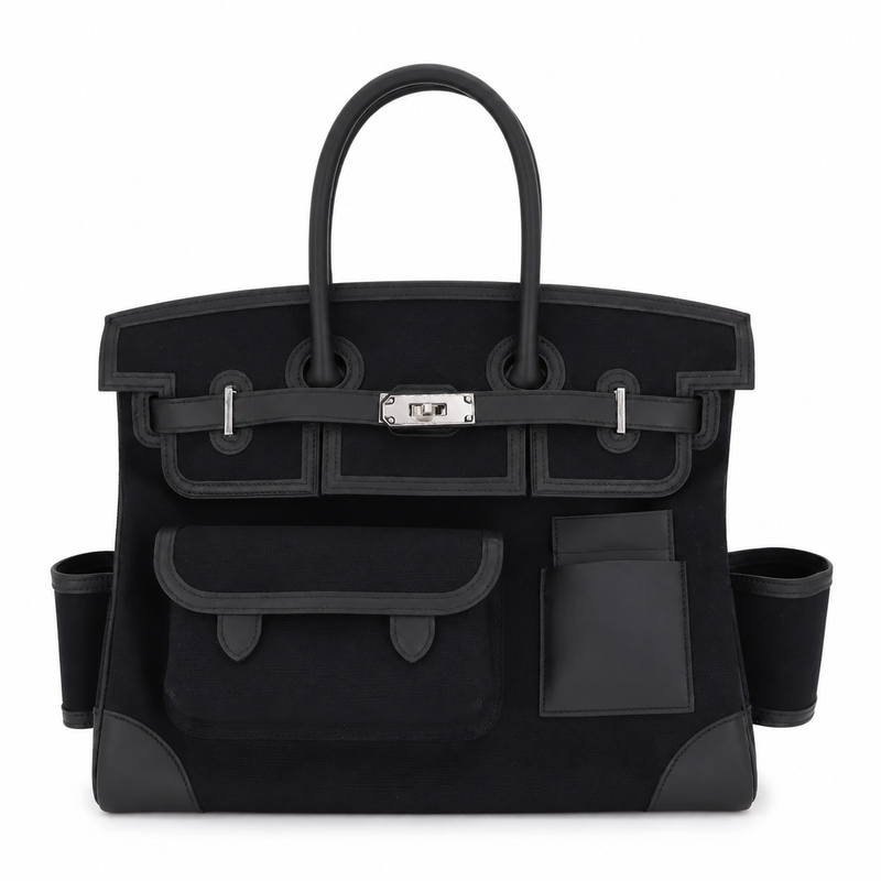 Hermès Birkin 35 Cargo Noir toile and Swift leather top handle bag with gold hardware, showcasing its elegant design.