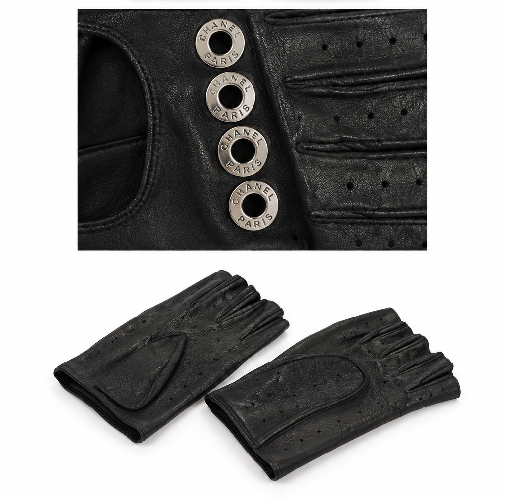 Black Chanel Lambskin Fingerless Gloves, stylish and luxurious, shown on a model demonstrating their elegant design and soft leather texture.