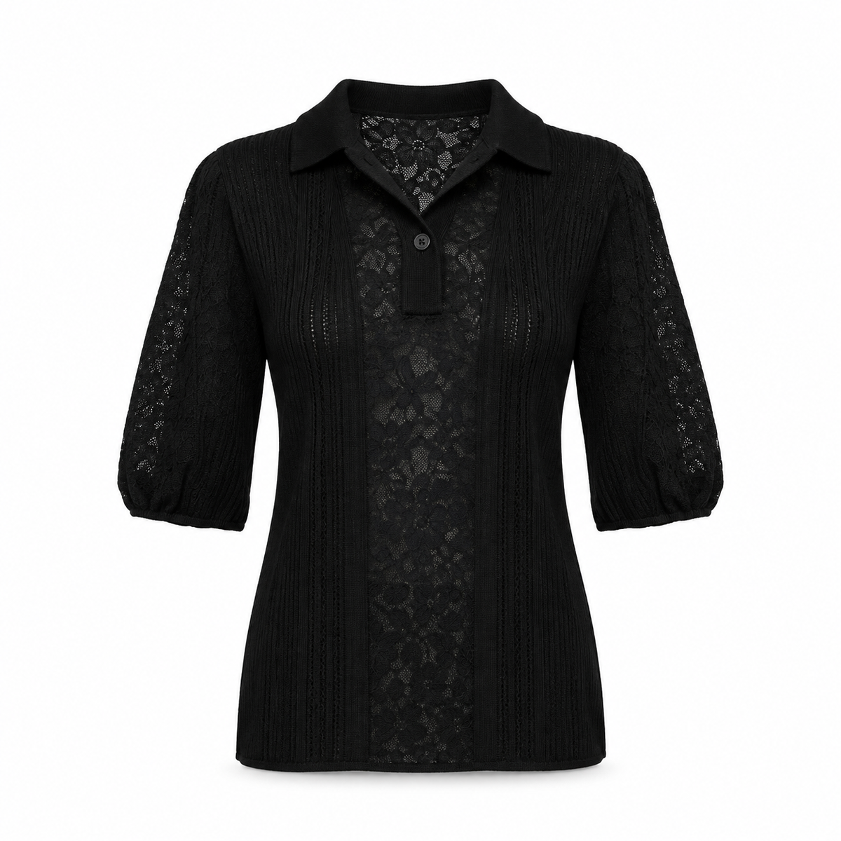 Black Chanel lace-panel polo top, stylish short-sleeve top with elegant lace details and classic fit.