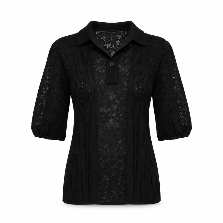 Black Chanel lace-panel polo top, stylish short-sleeve top with elegant lace details and classic fit.