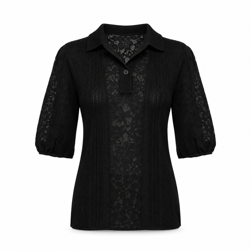 Black Chanel lace-panel polo top, stylish short-sleeve top with elegant lace details and classic fit.