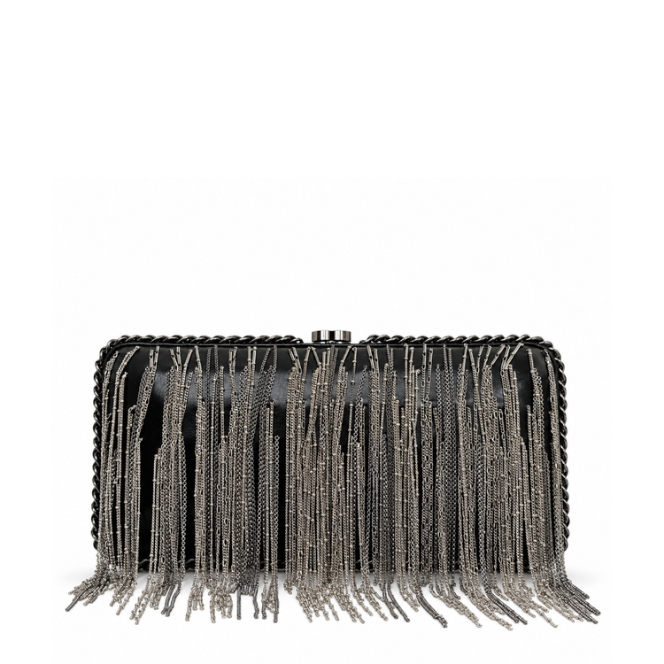 Black Chanel lambskin chain fringe kisslock clutch handbag with elegant design and gold-tone hardware.