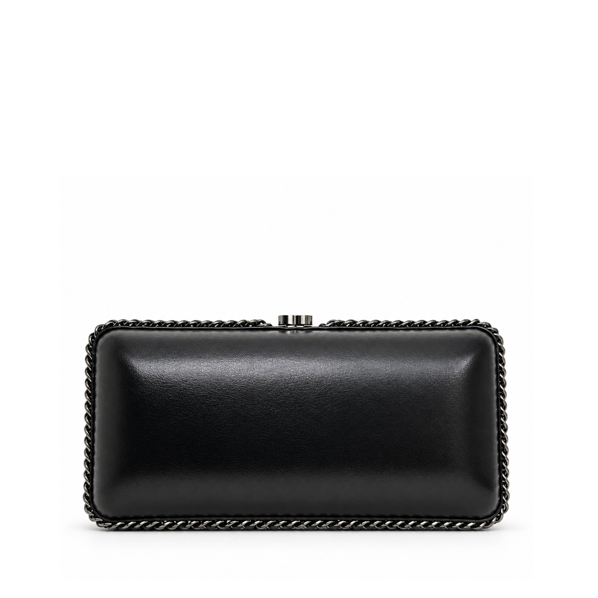 Black Chanel lambskin chain fringe kisslock clutch handbag with elegant design and gold-tone hardware.