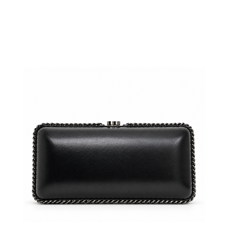 Black Chanel lambskin chain fringe kisslock clutch handbag with elegant design and gold-tone hardware.