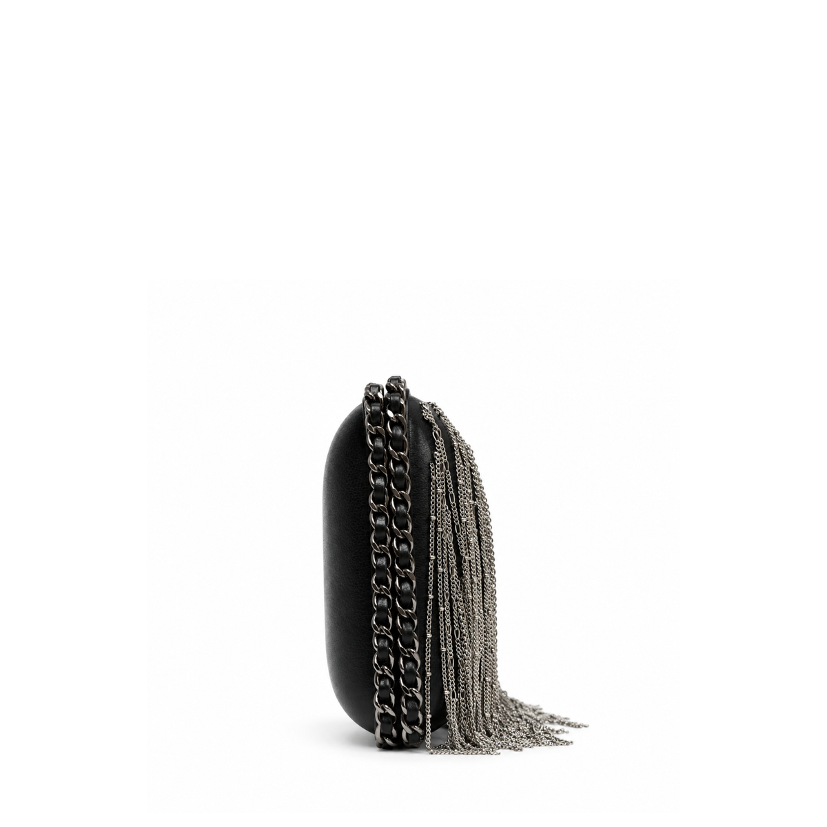Black Chanel lambskin chain fringe kisslock clutch handbag with elegant design and gold-tone hardware.