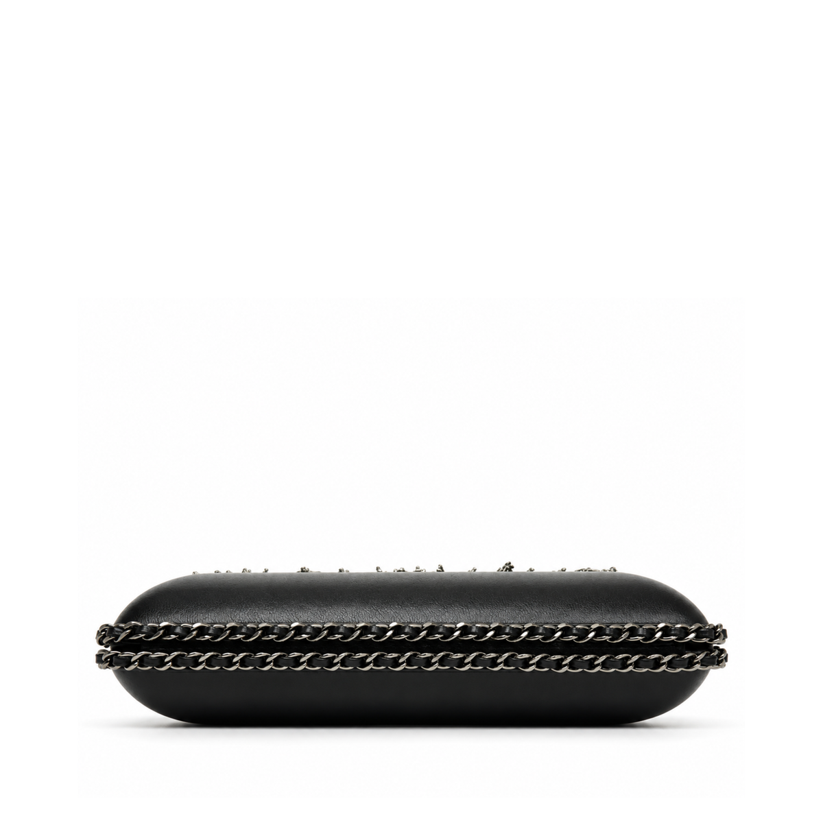 Black Chanel lambskin chain fringe kisslock clutch handbag with elegant design and gold-tone hardware.