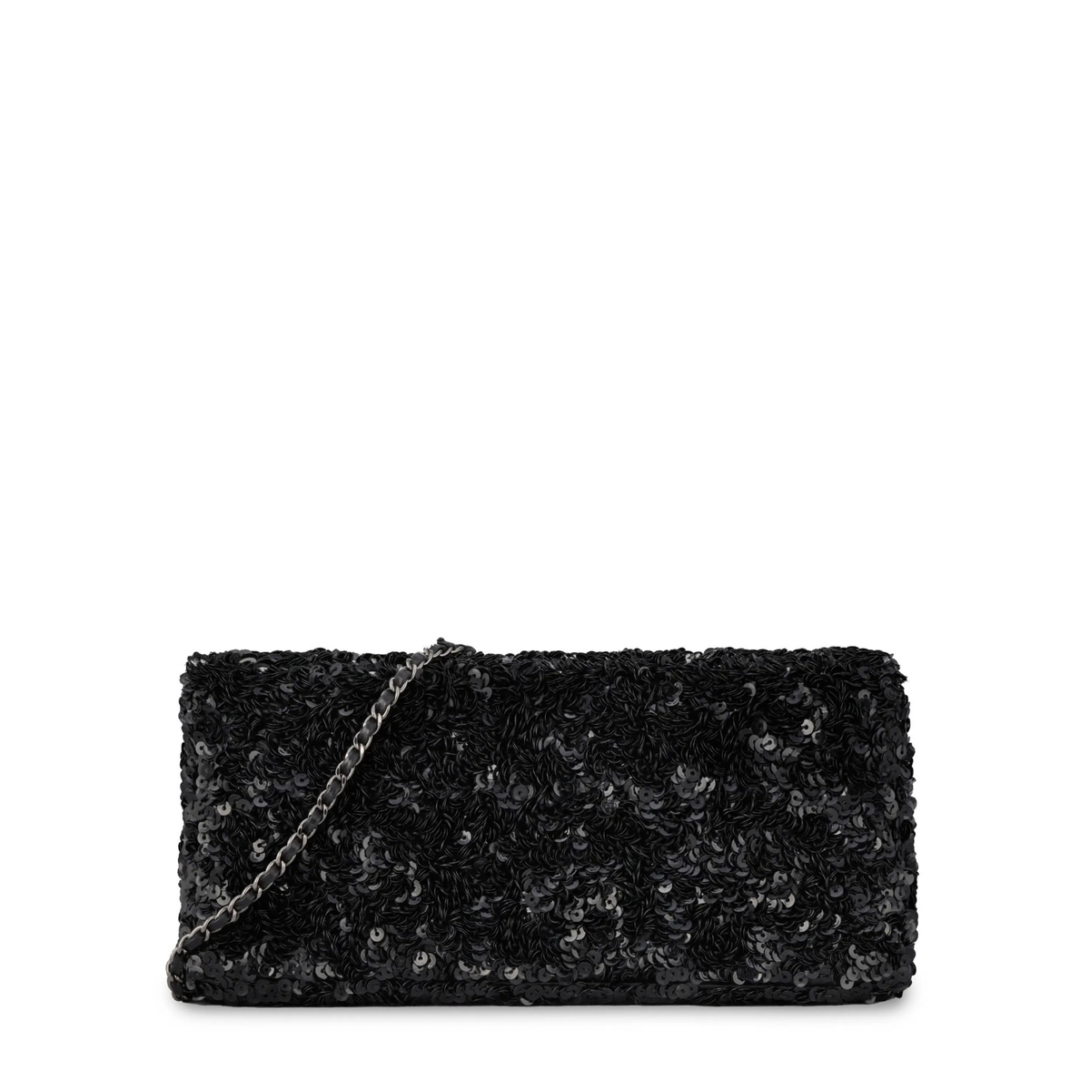 Black Chanel sequin East West Flap Bag with shoulder strap and gold hardware, showcasing its shimmering exterior and elegant design.
