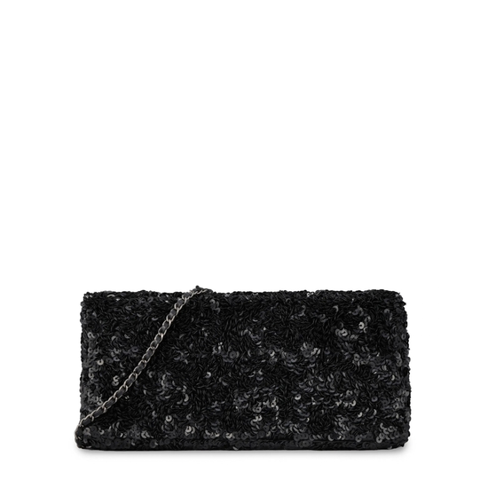 Black Chanel sequin East West Flap Bag with shoulder strap and gold hardware, showcasing its shimmering exterior and elegant design.