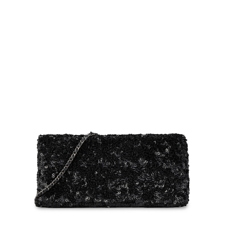 Black Chanel sequin East West Flap Bag with shoulder strap and gold hardware, showcasing its shimmering exterior and elegant design.