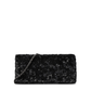 Black Chanel sequin East West Flap Bag with shoulder strap and gold hardware, showcasing its shimmering exterior and elegant design.