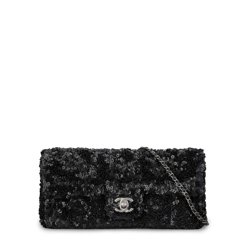 Black Chanel sequin East West Flap Bag with shoulder strap and gold hardware, showcasing its shimmering exterior and elegant design.