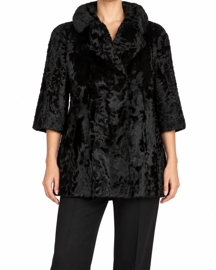 Black Marni fur jacket with a plush, textured appearance, designed as a stylish blazer or jacket for cold weather.