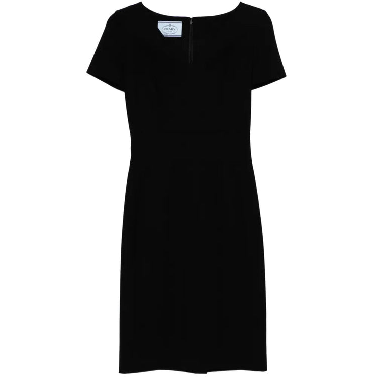 Black Prada V-neck short sleeve dress, elegant and fitted with a classic V-neckline, displayed on a mannequin.
