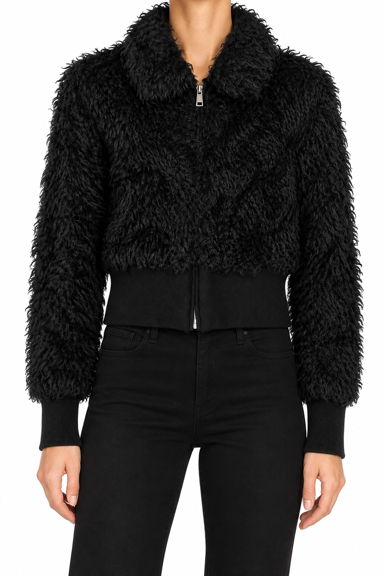 Black Prada cropped teddy jacket, a stylish blazer with a plush teddy texture, perfect for layered winter fashion.
