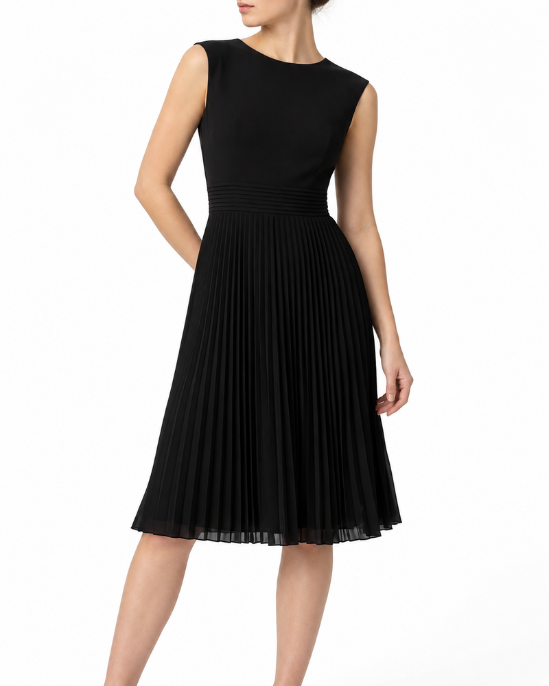 Black Prada pleated midi dress with elegant flowing fabric and classic design, perfect for sophisticated occasions.