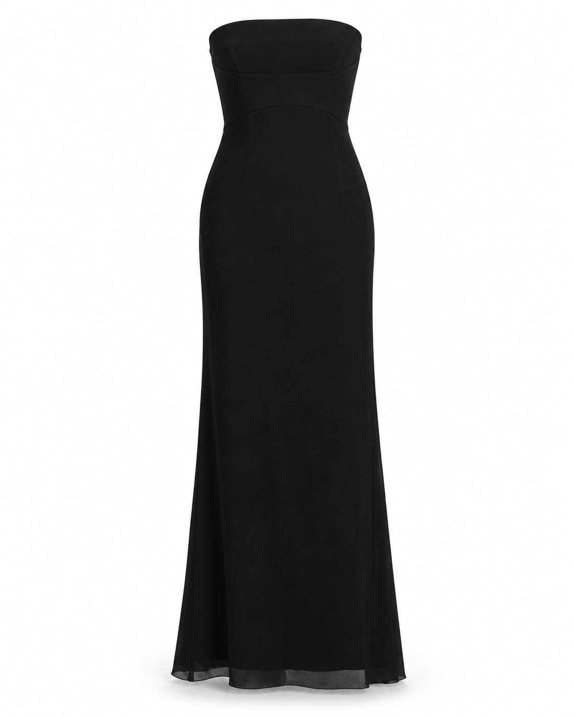 Black Prada strapless maxi dress, elegant sleeveless evening dress with flowing fabric and a fitted bodice, displayed on a mannequin.
