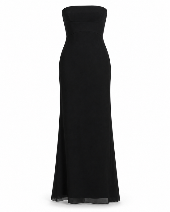 Black Prada strapless maxi dress, elegant sleeveless evening dress with flowing fabric and a fitted bodice, displayed on a mannequin.