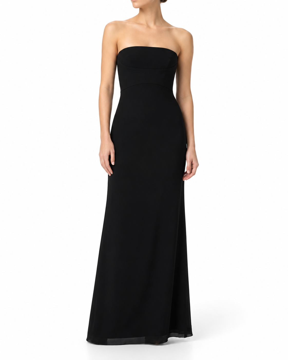 Black Prada strapless maxi dress, elegant sleeveless evening dress with flowing fabric and a fitted bodice, displayed on a mannequin.