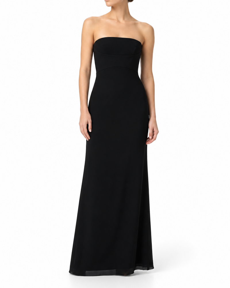 Black Prada strapless maxi dress, elegant sleeveless evening dress with flowing fabric and a fitted bodice, displayed on a mannequin.