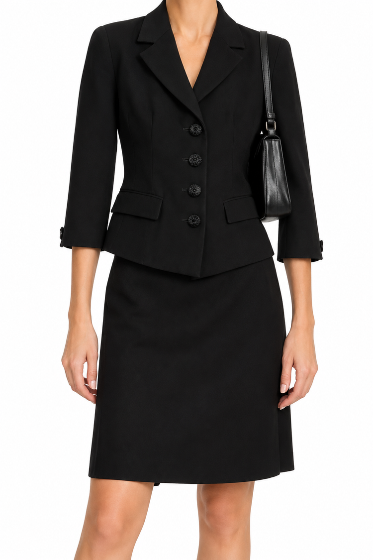 Black Prada tailored skirt suit set featuring a fitted blazer and matching skirt, ideal for formal or professional occasions.