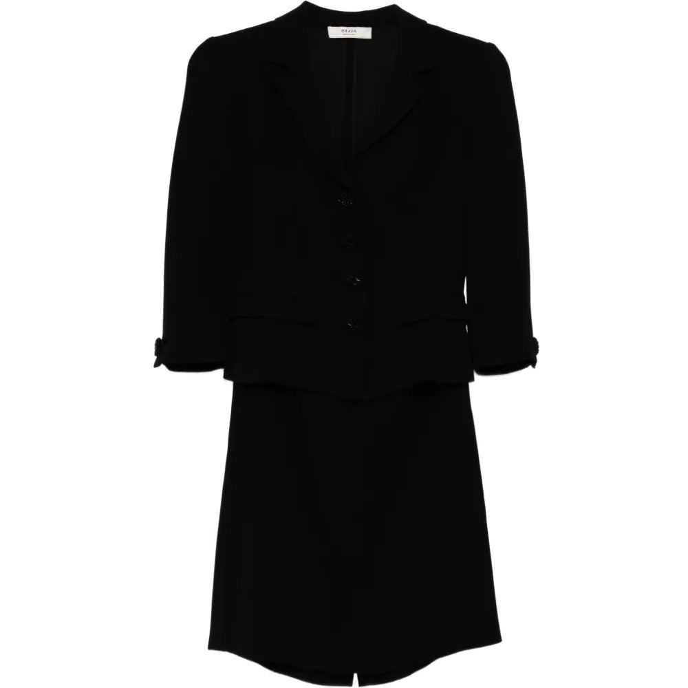 Black Prada tailored skirt suit set featuring a fitted blazer and matching skirt, stylish and sophisticated for professional wear.