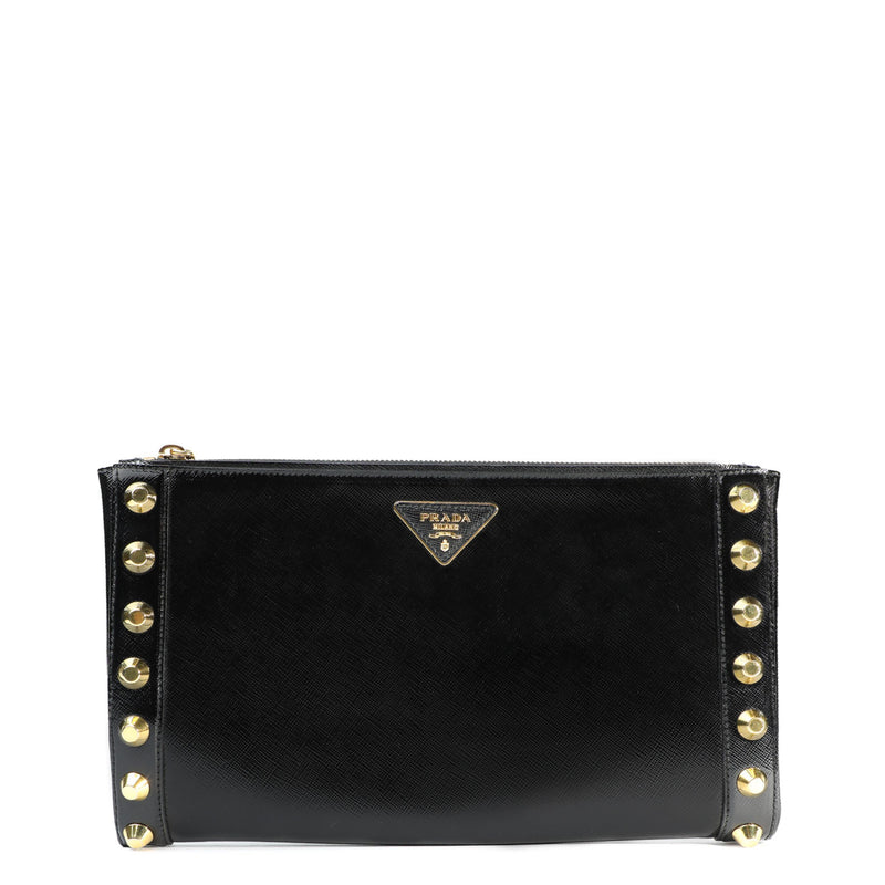 Black Saffiano Vernice Studded Clutch