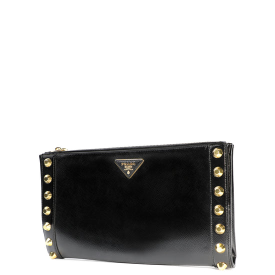 Black Saffiano Vernice Studded Clutch