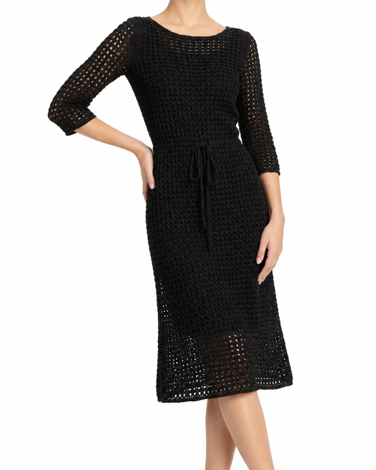 Black Prada crochet silk midi dress with intricate lace detailing, flowing silhouette, and elegant design for sophisticated occasions.