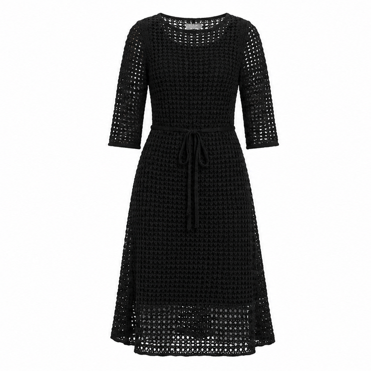 Black crochet silk midi dress by Prada featuring intricate crochet detailing and a flowing silhouette.