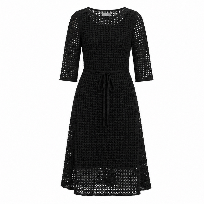 Black crochet silk midi dress by Prada featuring intricate crochet detailing and a flowing silhouette.
