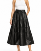 Black leather tiered skirt by Valentino featuring layered design and a sleek, modern silhouette.