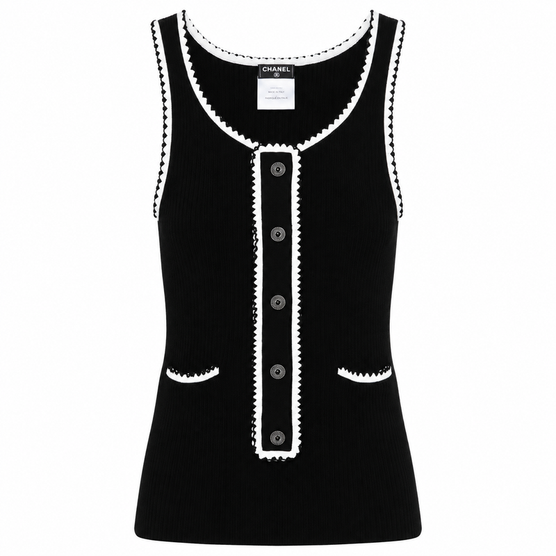 Black ribbed knit contrast tank top by Chanel, featuring a fitted sleeveless design and stylish ribbed texture.